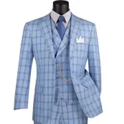 BIG & TALL Men's Light Blue Windowpane 3pc 2-Button Modern Fit Suit NWT