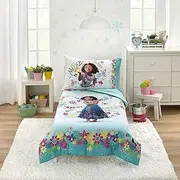 Disney Encanto Tropical Delight Pink and Aqua Flowers and Butterflies 4 Piece Toddler Bedding Set - Comforter, Fitted Bottom Sheet, Flat Top Sheet and Reversible Pillowcase (4384416P)