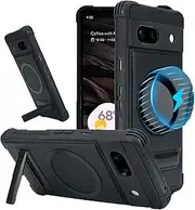 Lzzox for Google Pixel 7A Case with Kickstand, Magnetic Leather Back Cover Compatible with MagSafe Wireless Charger, Fashion TPU Drop-Proof Frame Bumper (Black)