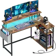 L Shaped Desk with Power Outlets & LED Lights, Computer Desk with Long Monitor S