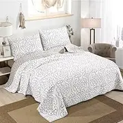 White/Grey Vine Embroidery Cotton Bedding Quilt Set Lightweight Bedspread Coverlet Twin Full/Queen King Size 3 Pieces Quilt Set(1 Quilt,2 Pillow Shams) (Color : White/Gray, Size : 269x234cm-51x66cm
