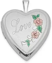 [JewelryWeb] 925 Sterling Silver Patterned Engravable Holds 2 photos Polished and satin 20mm Sparkle Cut and Enameled Love Heart Locket