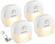 AUVON Rechargeable Battery Night Light, Mini with Motion Sensor, Warm White LED Stick-On Closet Light with Dusk to Dawn Sensor, Adjustable Brightness for Wall, Stairs, Hallway, Cabinet (4 Pack)