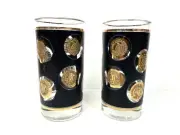 2 Libbey Glass Black and Gold Coin Glasses MCM Mid Century Modern
