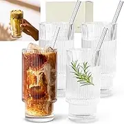 KIVY Riffel Drinking Glasses (4 x 310 ml) with Straw - for Iced Coffee, Water & Cocktails - Long Drink Glasses Set - Iced Coffee Glasses Ribbed - Riffle Glasses - Ripple Glasses Aesthetic - Iced