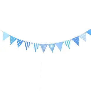 【kiret】可愛 派對佈置 三角旗拉旗-藍色格紋-贈派對專用吹不熄蠟燭10入(三角旗 彩旗 拉旗)
