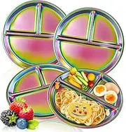 YushengTai Pack of 4 Stainless Steel Children's Plates, 22.8 cm Portion Control Plates, Divided Plates for Adults with Dividers, Toddler Lunch Table, Compartments, Children's Tableware, Camping