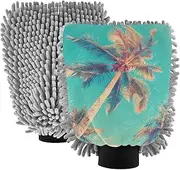 XYMZR Palm Trees Sky Absorbent Microfiber Car Wash Mitt, Funny Cute Anime Scratch Free for Cars Cleaning, Home Cleaning Mitts, 2 Pack, 10.24” L x 7.09” W
