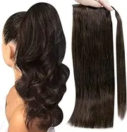 Full Shine 18 inch Dark Brown Ponytail Extension Human Hair Ponytail Wrap Around With Claw Clips 100g Color #2