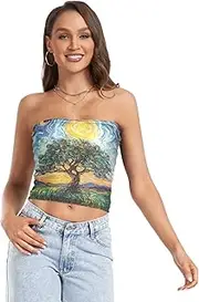 [RPLIFE] Starry Night Beautiful Tree Blue Cropped Tube Top, Strapless Summer Top, Sheer Tube Tops, Trendy Crop Tops (S)