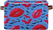 Red Lips Black Bats Blue Closet Organizer Baskets with Handle, Collapsible Nursery Storage