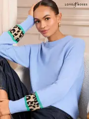 Love & Roses Pale Blue Cosy Animal Print Block Jumper (AK8603) | $69