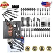 Elegant 48-Piece Black Flatware Set with Steak Knives for 8 - Dishwasher Safe
