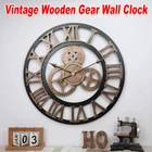 Vintage Wooden Wall Clock Roman Numerals Large Gear Design Home Decor Silent AU