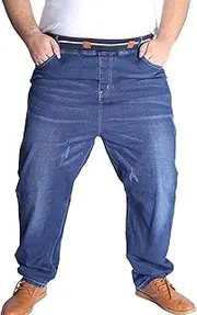 [Qolkmuiy-GJ] Men's Casual Plus Size Baggy Jeans Straight Loose Jean Sweatpants Wide Leg Elastic Waist Denim Pants, Blue, 3X-Large