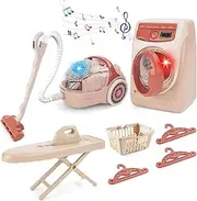 deAO Toy Washing Machine & Vacuum Playset for Kids, Mini Washing Machine Laundry Set for Kids, Toy Washer & Vacuum with Lights & Sounds Effects, Washer and Iron Set Kids Cleaning Set for Boys & Girls