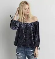 American Eagle Outfitters Crushed Velvet Off The Shoulder Peasant Top Blue Sz.M
