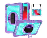 Kids Protective Case Shockproof Rugged Cover with Pencil Holder Kickstand Shoulder Strap for ipad mini 4/5 -Purple