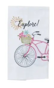 Embroidered EXPLORE! Summer Bike with Flowers Krinkle Flour Sack Towel