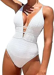 [Generic] Women's One Piece Swimsuit V Neck Cut Out Cross Backless High Cut Bathing Suit