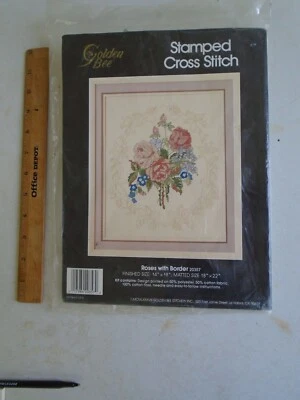 Golden Bee Roses with Border Stamped Cross Stitch Kit 20357 NIP