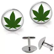 Marijuana Cannabis Hemp Leaf Glass Top Men's Cufflinks Handmade Gift Cuff Links
