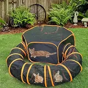 Outdoor Cat Enclosure - Portable Tent for Outside Playpen with Tunnel, Small Animal Guinea Pig Rabbit Cage, Pop Open Exercise Yard Fence with Top Cover (Orange)
