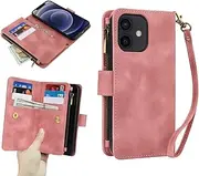 GoshukunTech for iPhone 12 Wallet Case with 9 Card Holders,for iPhone 12 Pro Case Zipper Coin Pocket PU Leather Flip Cover Kickstand Protective Phone Purse with Wrist Strap-Pink