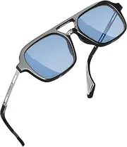 [grinderPUNCH] Retro Square Sunglasses for Womens Mens Vintage 70s Double Bridge Sunglasses, Black, Black