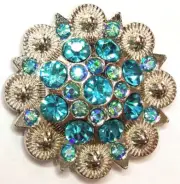 1-1/2" Flower Concho with Light Aqua Rhinestones and screw.