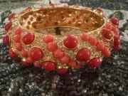 KJL by Kenneth Jay Lane hinged bangle bracelet coral & red cabochons & crystals