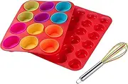 Cupcake Tray Silicone Muffin Molds Muffin Pans Mold 12 & 24 with Tray Baking Set Cups 12 Packs Mini/Large Multi Colors and Egg Whisk Non Stick, BPA Free & Dishwasher Safe Easy to Clean Red Tins (Red)