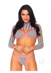 3 PC Rainbow fishnet bikini top, g-string, and long sleeved crop top O/S