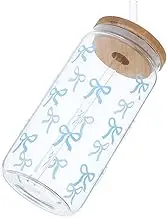 COLLBATH Cute Bow Design Glass Tumbler with Lid and Straw Leakproof Clear Drinking Cup for Hot Coffee Cold Juice for Office Travel and Outdoor Use Unique Glass Cups