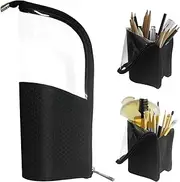 Black Travel Makeup Brush Holder, ANEMEL Pencil Pen Case Organizer Bag Clear Plastic Cosmetic Zipper Pouch Portable Waterproof Dust-Free Stand-Up Small Toiletry Stationery Bag with Divider