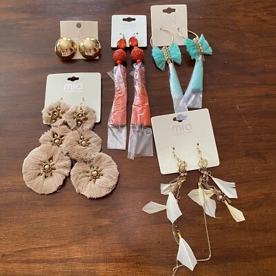 Mia Collection Fashion Earrings Lot of 5 New Beaded Feather Studs Dangle Tassel