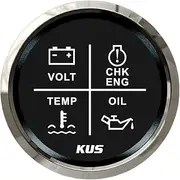 KUS 52mm 4 LED Engine Alarm Gauge Volt Water Temp Meter Oil Pressure CHK ENG 9-32V for Car Yachts (black+stainless steel)