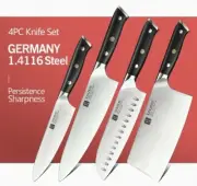 Knife Set Chef Cleaver Santoku Utility Stainless Steel Full Tang Wood Handle 4Pc