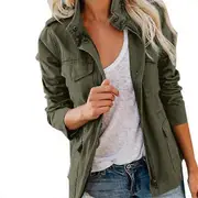Women Coat Stand Collar Zipper Multiple Pockets Solid Color Long Sleeves Soft Casual Cardigan Pure Color Spring Coat for Daily Wear army green L
