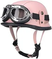 Retro German Style Leather Half Face Helmet Motorcycle Half Helmet + Goggles Men & Women Motorcycle Open Face Jet Style Helmet for Cruiser Scooter Moped DOT Approved