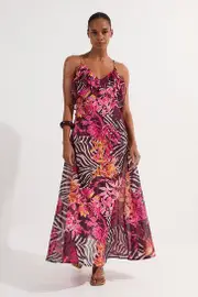 Beach Tropical Georgette Plunge Strappy Dress