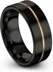 [Midnight Rose Collection] Tungsten Wedding Band Ring 8mm for Men Women 18k Rose Yellow Gold Plated Flat Cut Center Line Black Brushed Polished