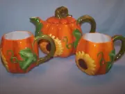 GANZ Bella Casa SUNFLOWER PUMPKIN TEAPOT + 2 MUGS SET Autumn Thanksgiving NEW