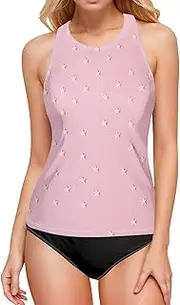[Joisal] High Neck Swim Top, Womens Swim Tops with Bra Built in, Chic Stars Beige Tankini Tops for Women, Small