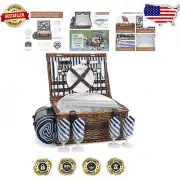 Complete Wicker Picnic Basket Set for 4 with Cooler and Waterproof Blanket