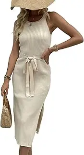 [Generic] Women's Split Thigh Knot Belted Sleeveless Rib Knit Midi Sweater Dress