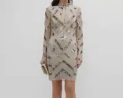 $350 Aidan Mattox Women Beige Sequined Crew Neck Long Sleeve Dress Size 18