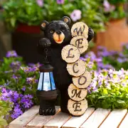 Large Welcome Bear with Solar Lantern,Black Bear Garden Statue Solar Light Outdo