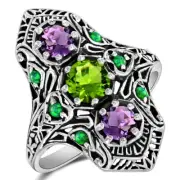 1CT Natural Peridot & Amethyst 925 Solid Sterling Silver Filigree Ring Sz 6