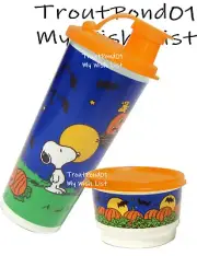 Tupperware 16 Oz Tall Tumbler Peanuts Halloween Snoopy Flip Top Snack Cup Orange